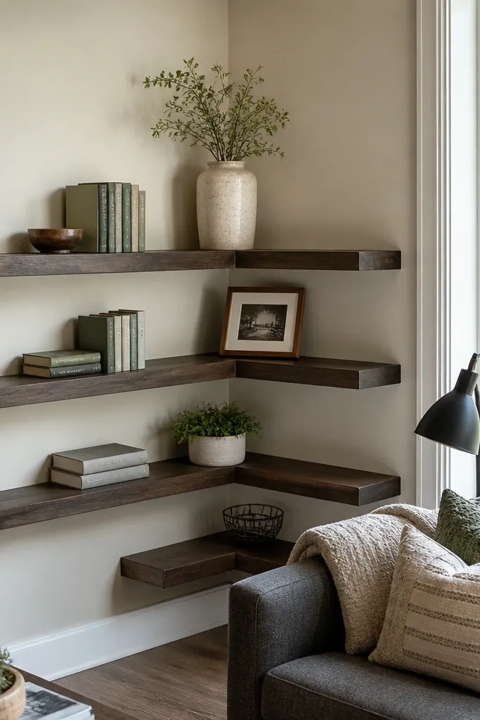 Staggered shelves forming a corner display with a diagonal accent