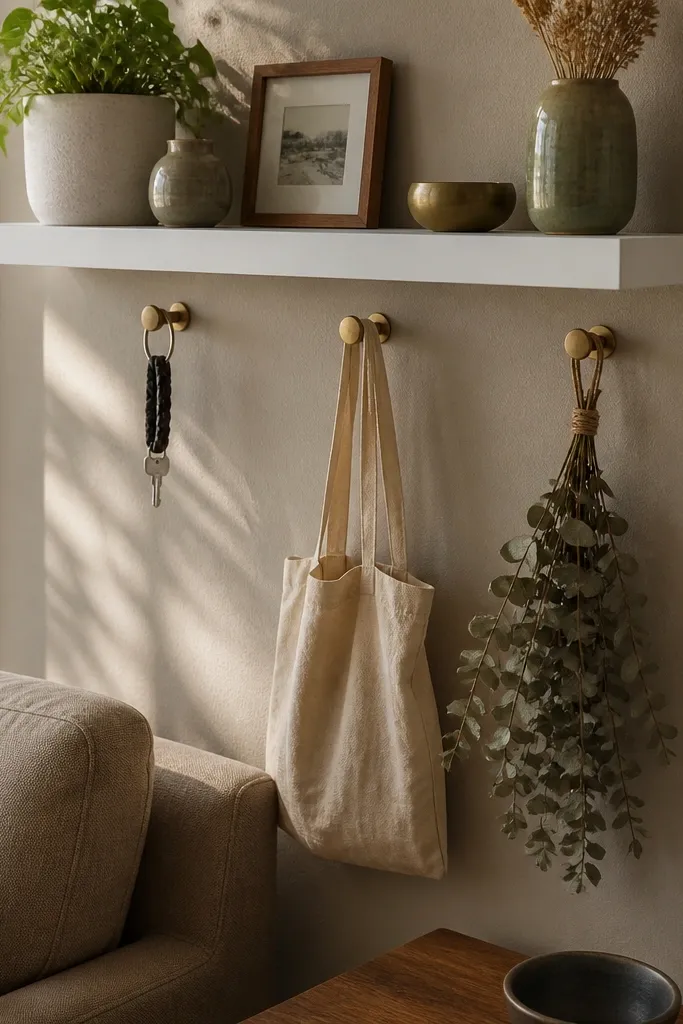 White shelf with small brass hooks under for decor and keys