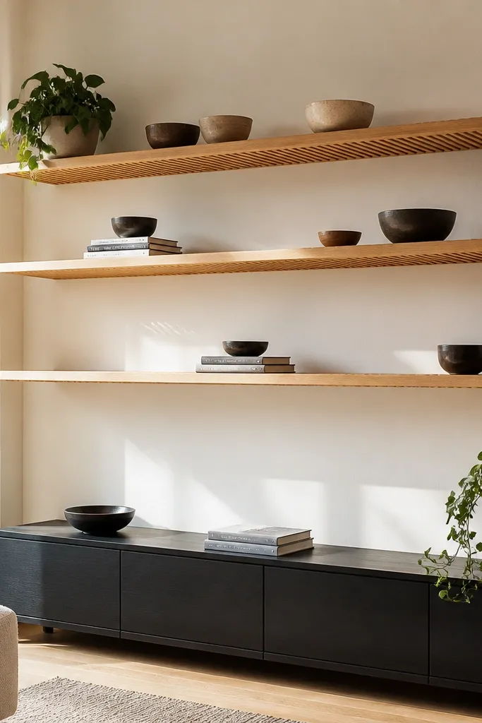 Shelf made from horizontal wood slats with small decor gaps
