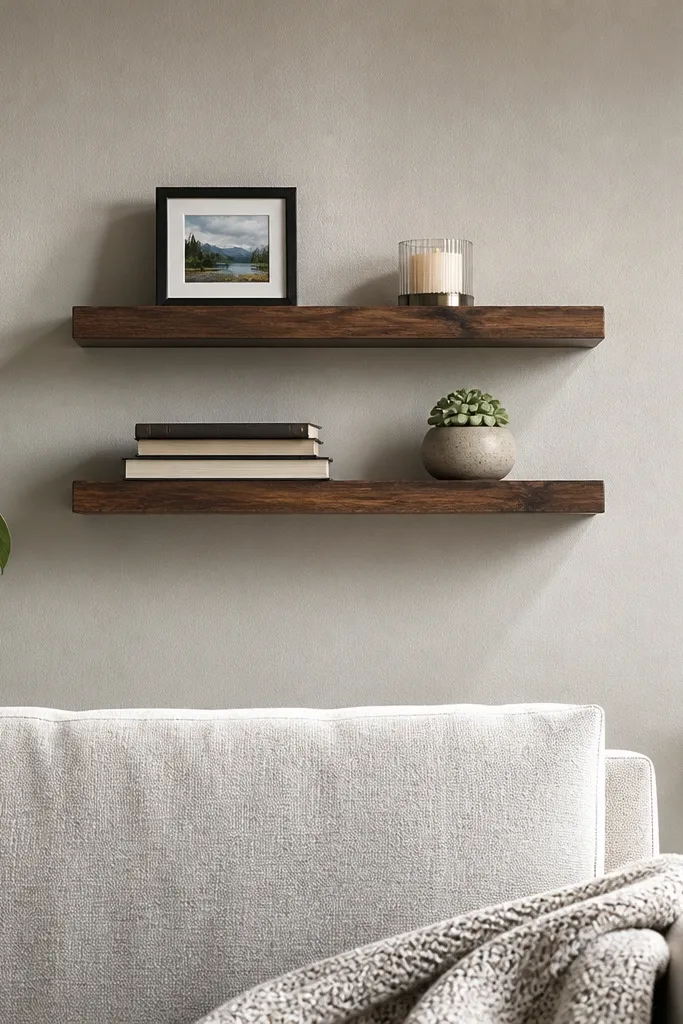 Two matching floating shelves spaced apart on a single wall