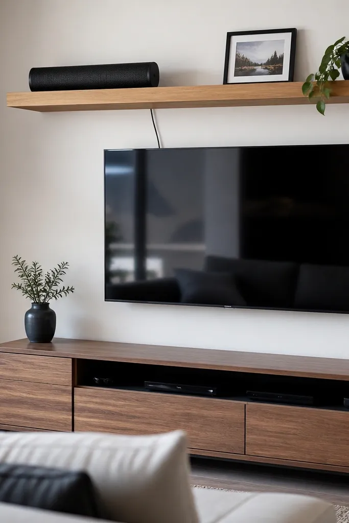 Floating shelf with a neat cable route behind small decor
