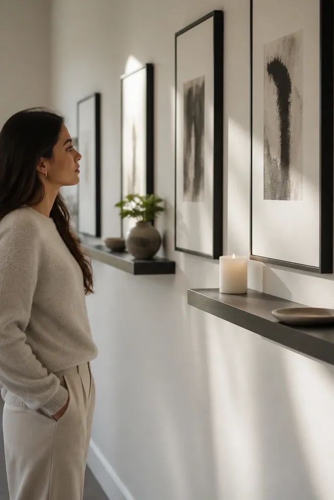 Slim floating shelves holding framed prints and small planters