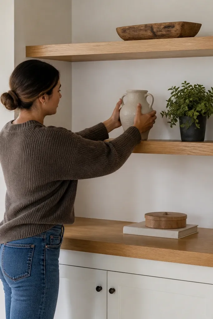 Oak-toned shelf with a white backing behind decor
