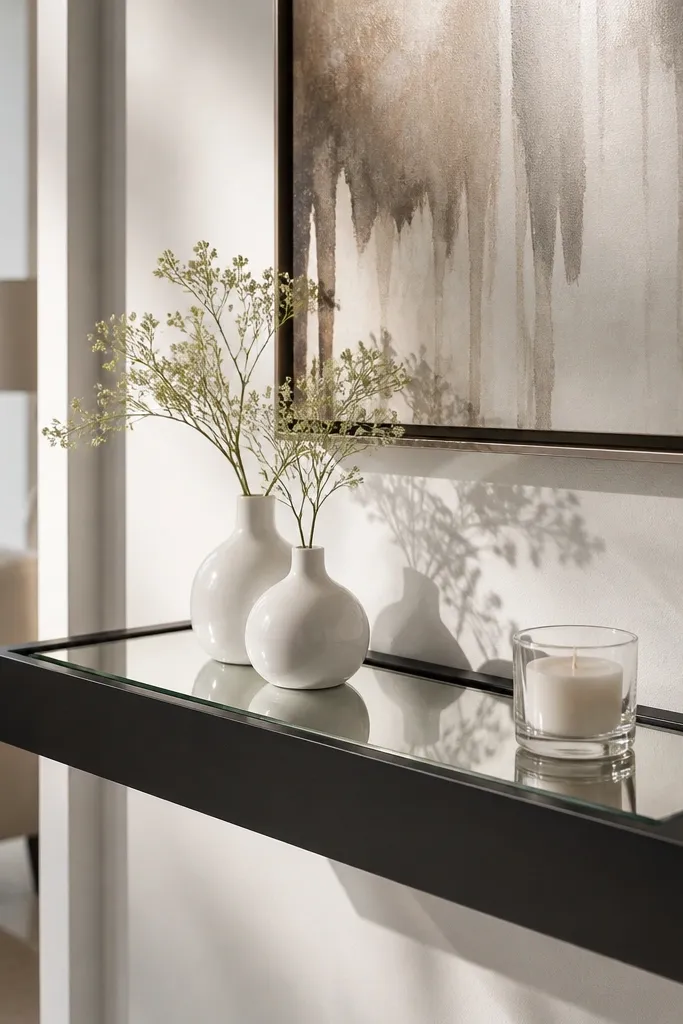 Floating shelf with glass insert reflecting light