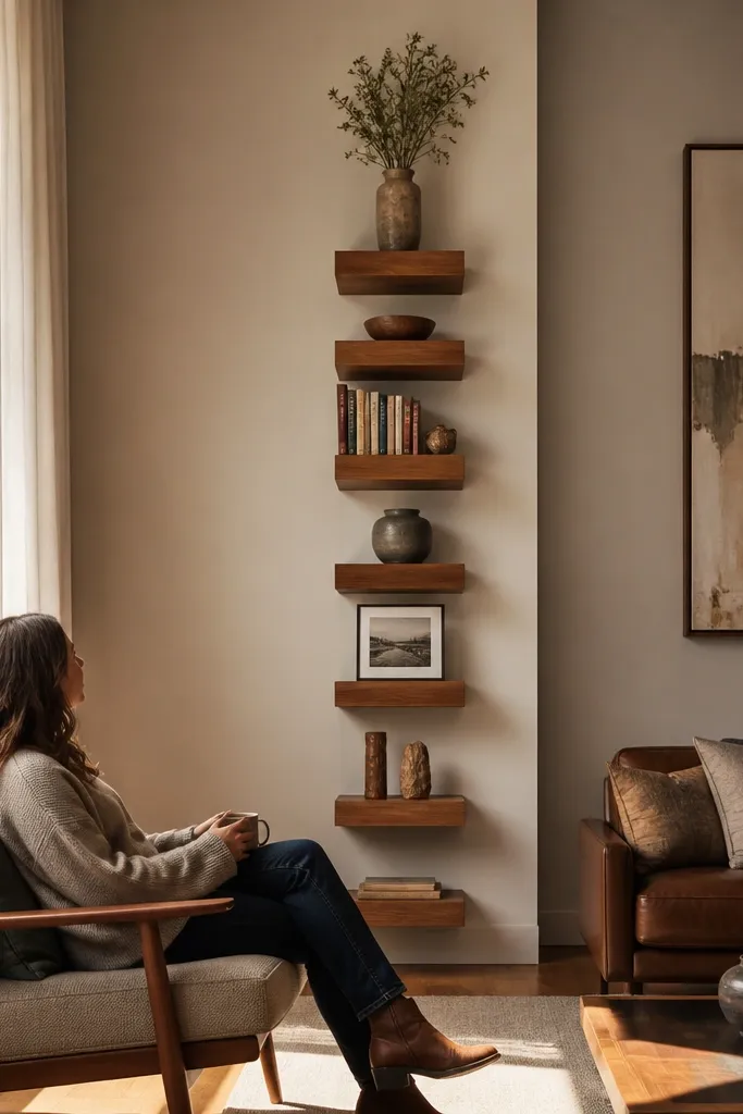 Single tall floating shelf run with stacked decor up the wall