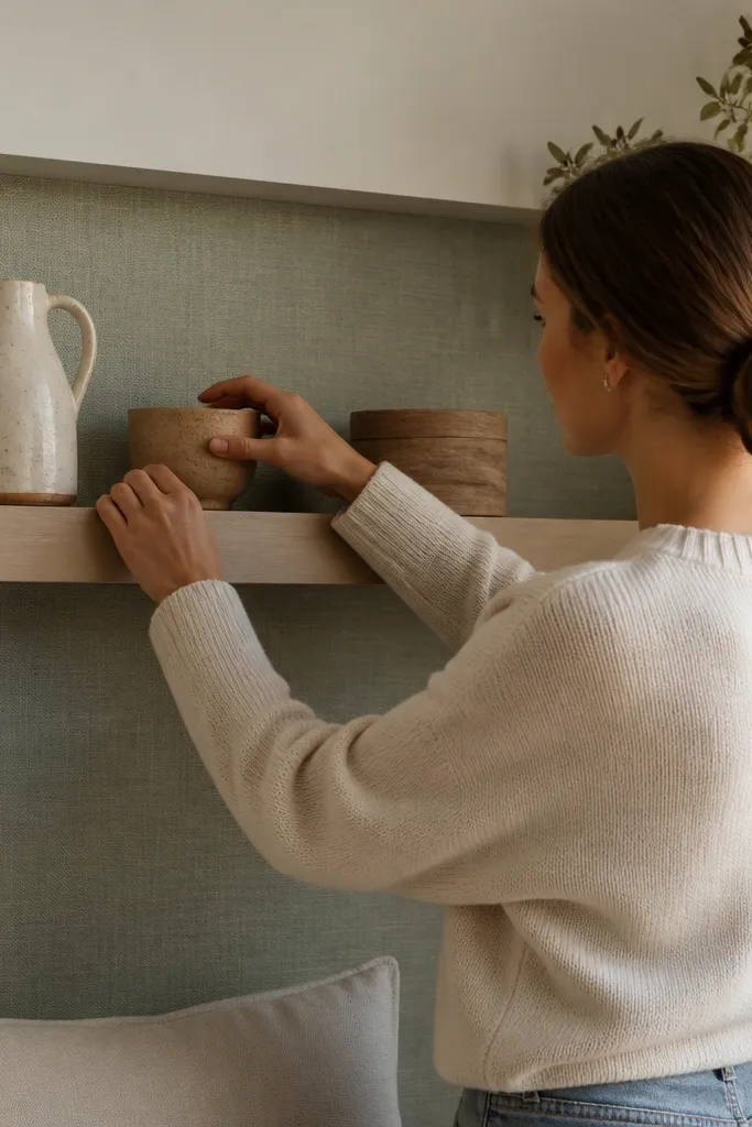 Floating shelf with fabric panel behind decor