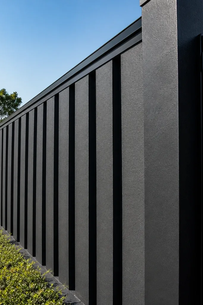 Charcoal compound wall with evenly spaced vertical grooves and a white top edge