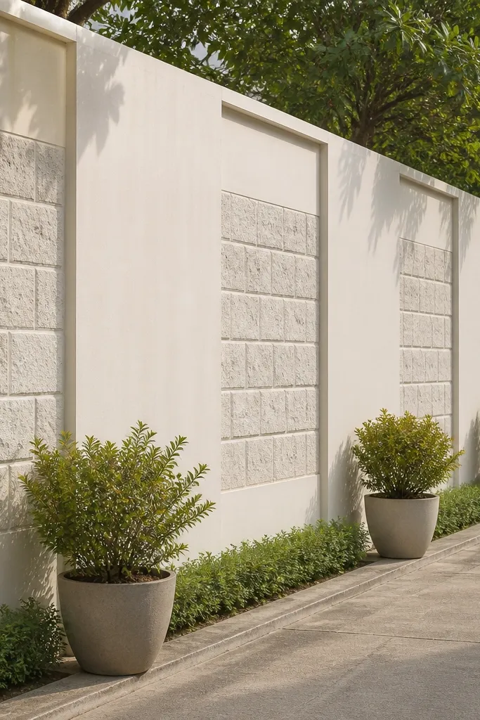 Off-white compound wall with alternating block-like panels and a simple flat top