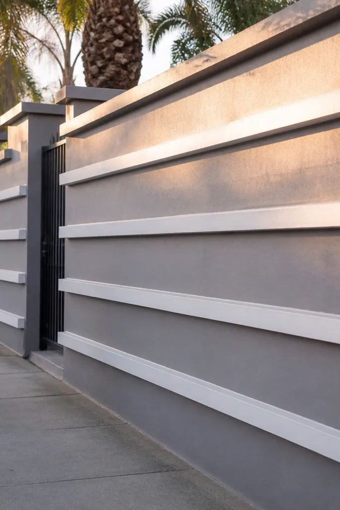 Grey compound wall with clean horizontal ledges and a straight coping cap