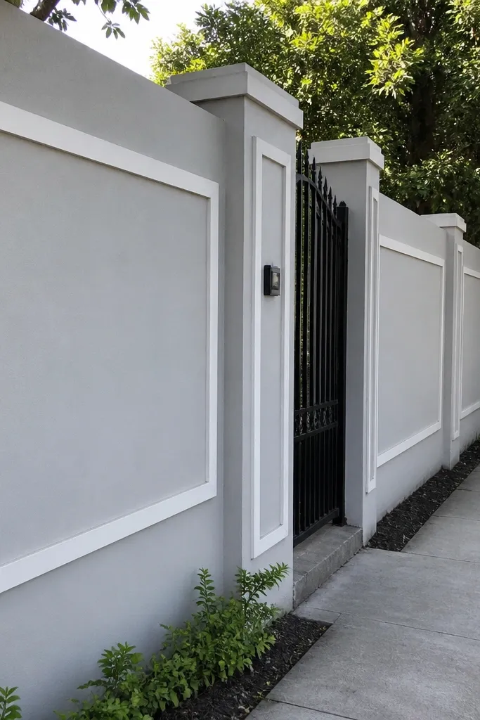 White framed panels with grey infill and a narrow border around each section