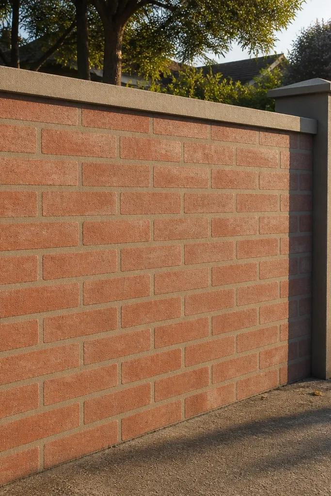 Warm brick-pattern wall with light mortar lines and a clean top coping