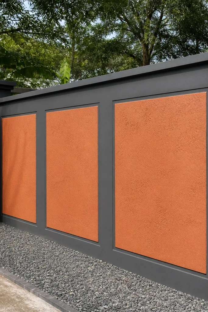 Grey bordered panels with terracotta inserts and a straight top coping