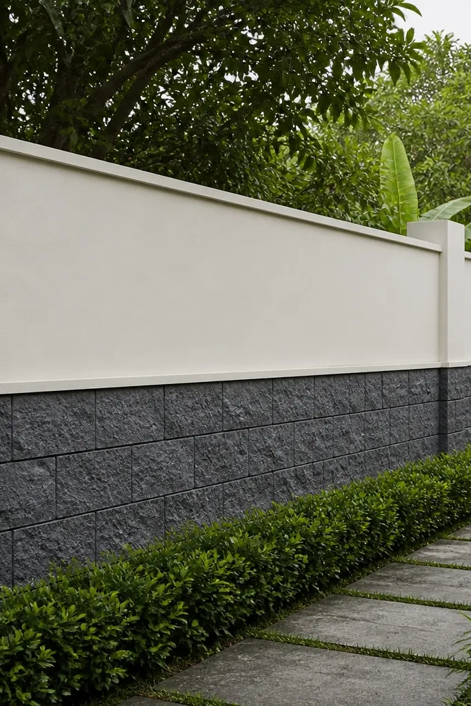 Lower grey block pattern with smooth upper cream section and a neat coping cap