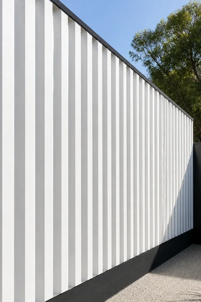 White wall with evenly spaced vertical slats and a dark grey base line