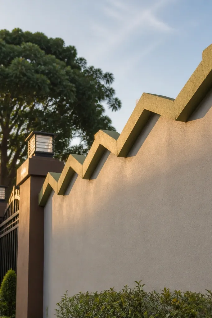 Olive wall with a zigzag raised top border and a simple straight coping line