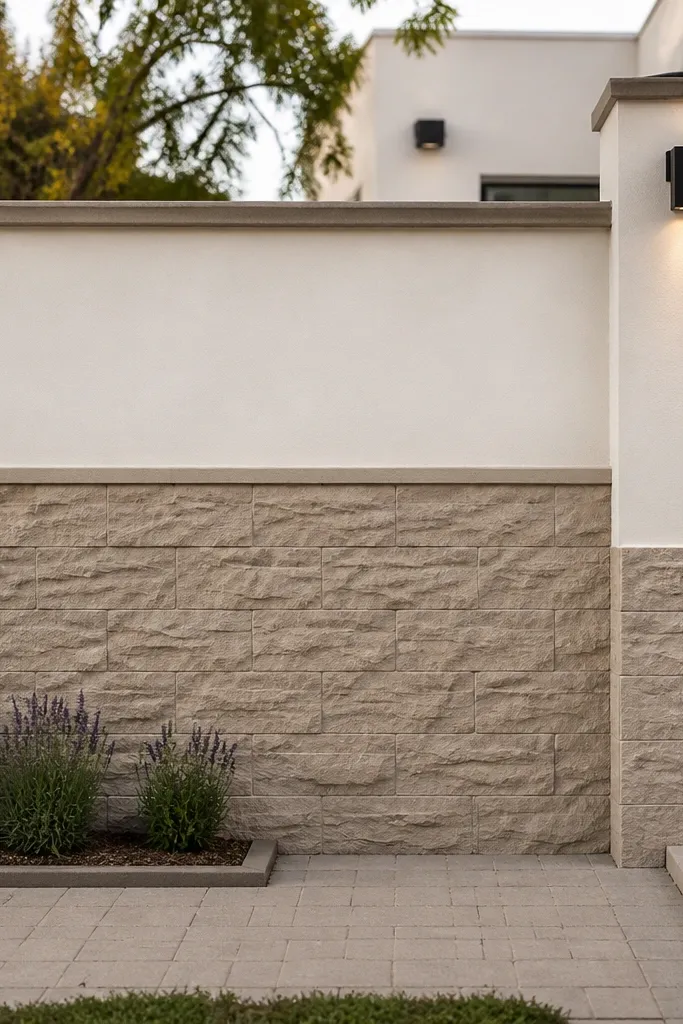 Lower textured stone-look band and smooth cream upper wall with coping cap