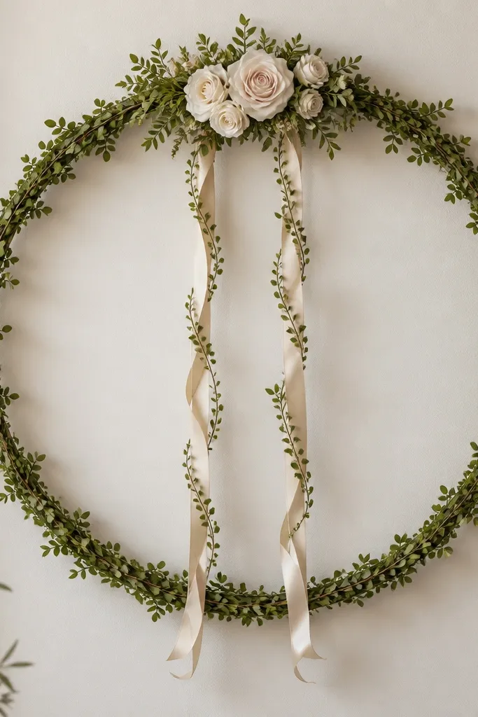 A round wall frame wrapped with a thin faux boxwood garland, with two satin ribbon vines draped vertically and a small wreath-like flower cluster at the top.