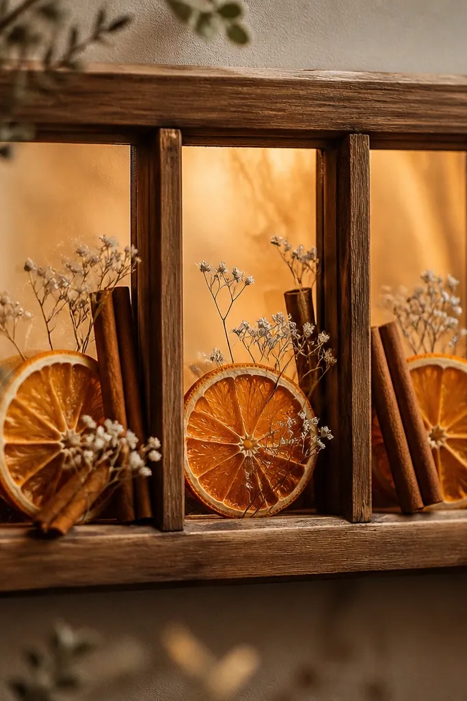A small wooden window frame with three dried orange slices, cinnamon sticks, and tiny white flowers tucked between the panes, with a warm amber glow.