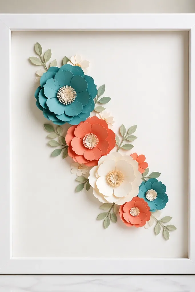 A white matted frame with layered paper flowers in teal, coral, and cream, arranged in a diagonal line with tiny paper leaves.