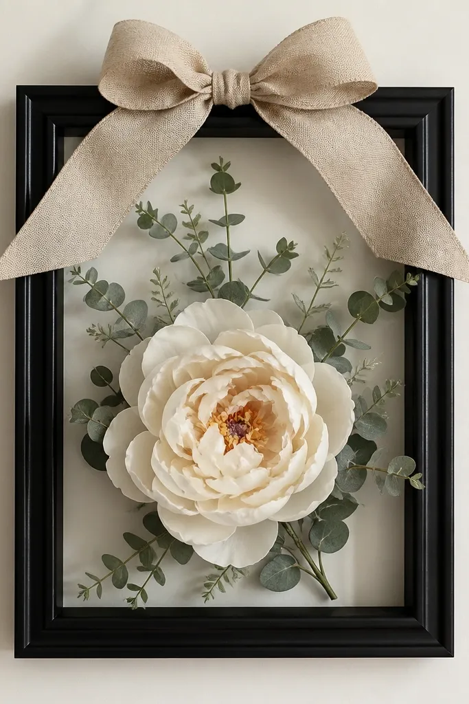 A matte black frame with one large faux peony flower, surrounded by small sprigs of eucalyptus, topped with a linen ribbon bow in natural beige.