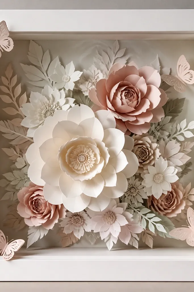 A deep shadow box with multiple layers of paper flowers, each layer slightly forward, plus small paper butterflies near the corners.