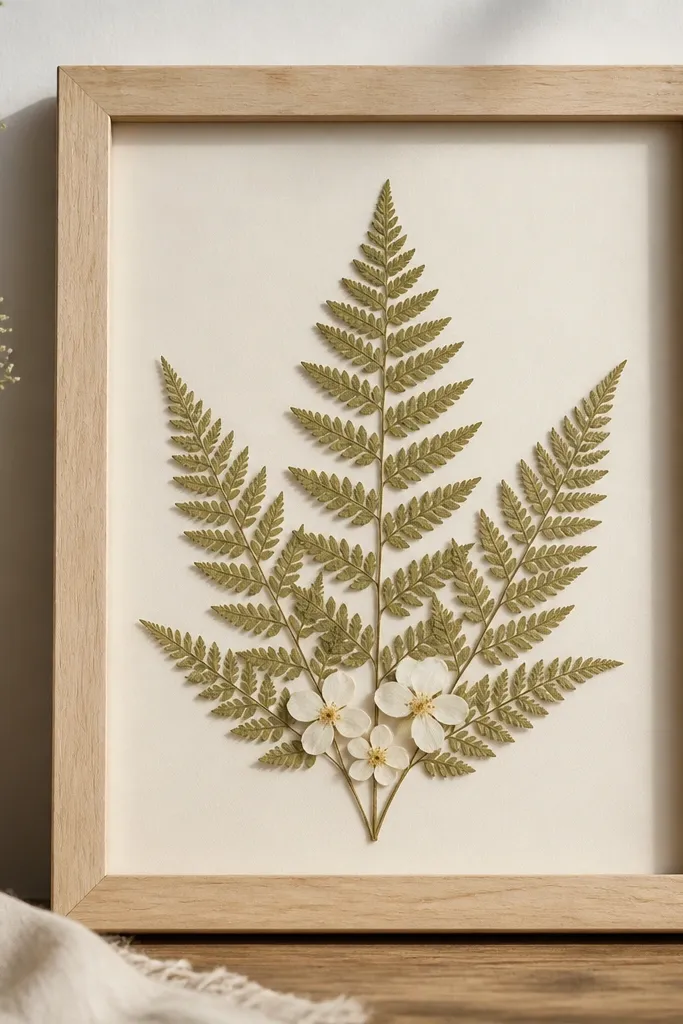 A natural maple frame holding a cream background with pressed fern fronds arranged in a fan shape, and three small white flowers tucked at the base.