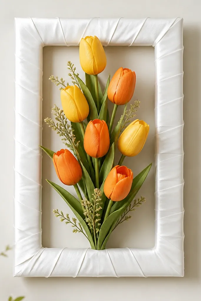 A rectangle frame wrapped in white satin ribbon, with a vertical arrangement of faux tulip picks in yellow and orange at the center.