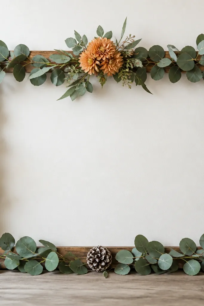 A wooden frame with a green eucalyptus garland border, three small pinecones spaced evenly, and a muted orange flower cluster in the center.