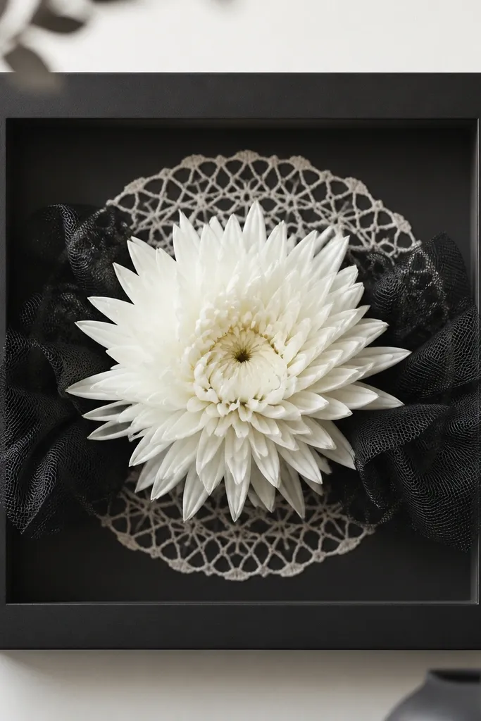 A matte black square frame holding a faux spider mum bloom in white, with black mesh at the sides and a small web-like doily pattern behind.