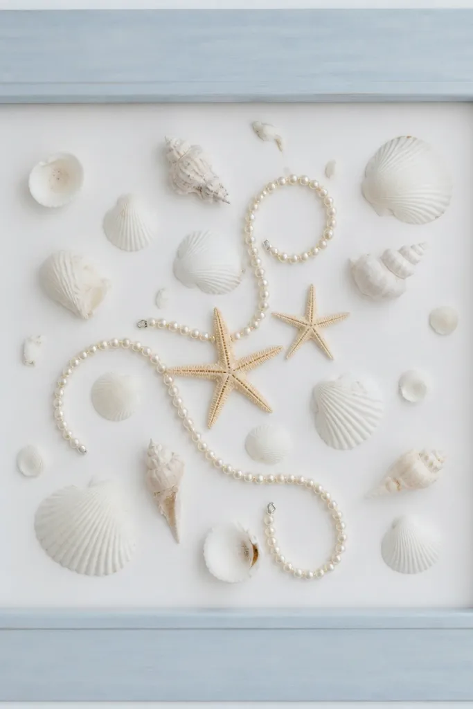 A light blue frame with a white backing, scattered white seashells and two small starfish at the center, plus a thin strand of faux pearls.