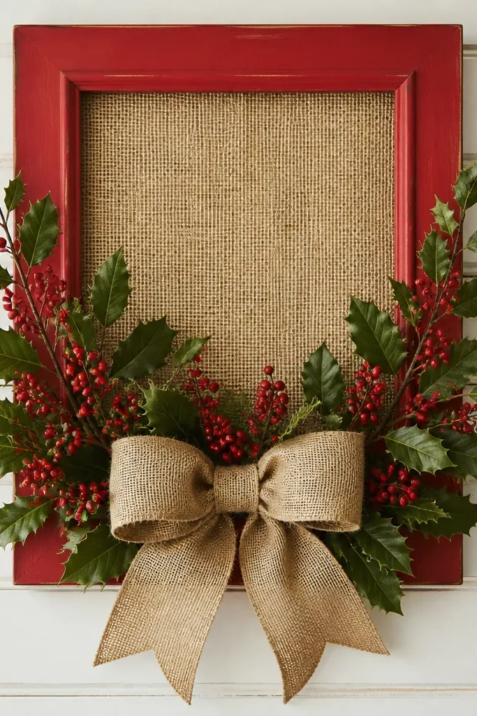 A red frame covered with burlap at the center, a large burlap bow at the bottom, and faux holly leaves and red berries arranged in a V shape.