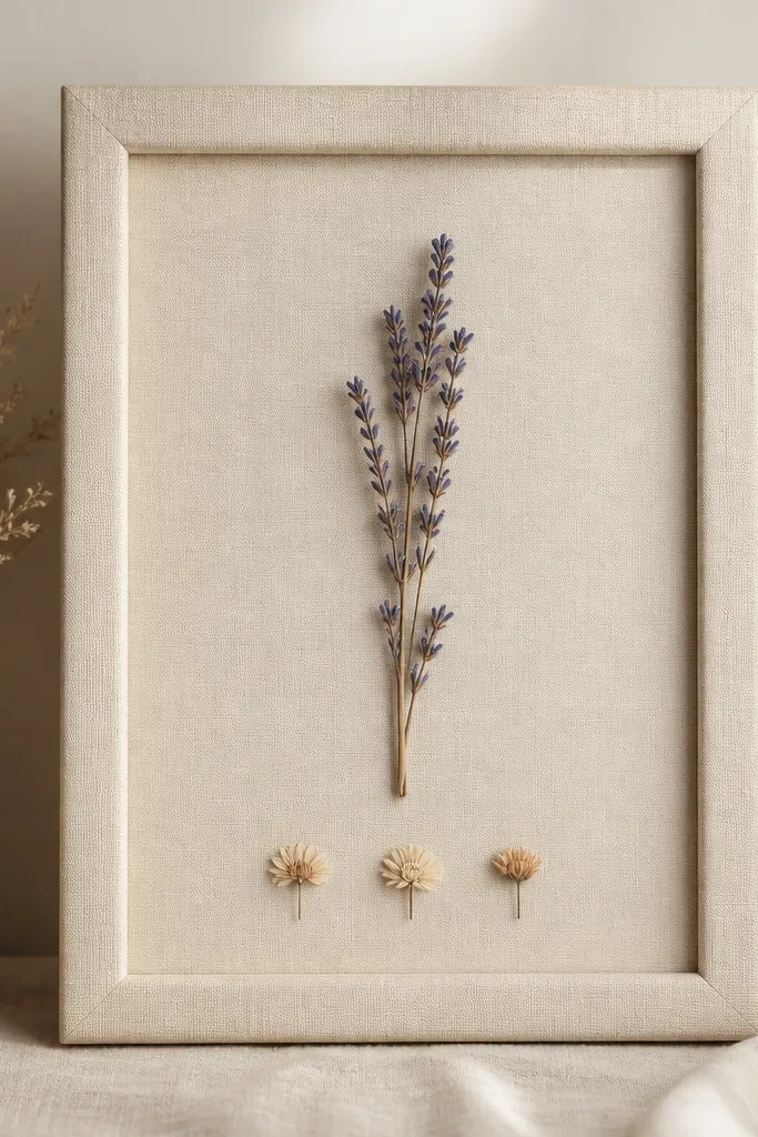 A cream linen-wrapped frame with a vertical spray of dried lavender in the center and three tiny dried flowers at the bottom.