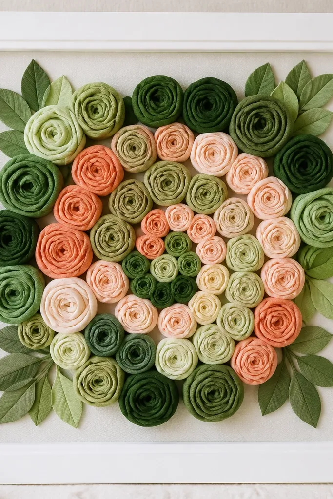 A white frame with rolled fabric ruffle flowers in shades of green and peach, arranged in a spiral pattern, with small fabric leaves around the edges.