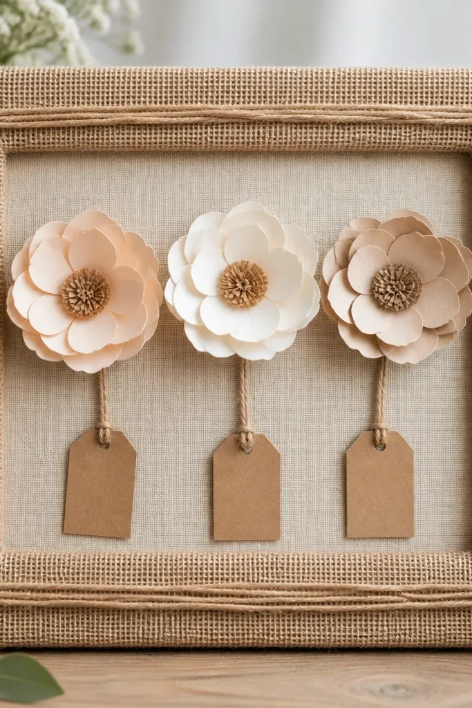 A burlap-and-twine wrapped frame with three paper blossoms at center, each with a tiny kraft paper tag hanging from twine.