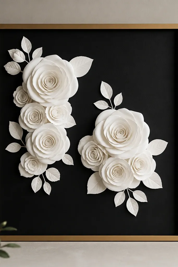 A matte gold frame with a black backing, holding monochrome white paper roses in clusters on the left and center-right.