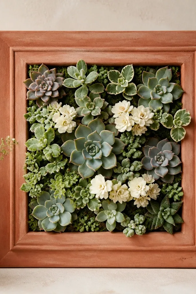 A terracotta-colored frame with a mix of tiny faux succulents and small cream flowers arranged like a miniature garden bed.