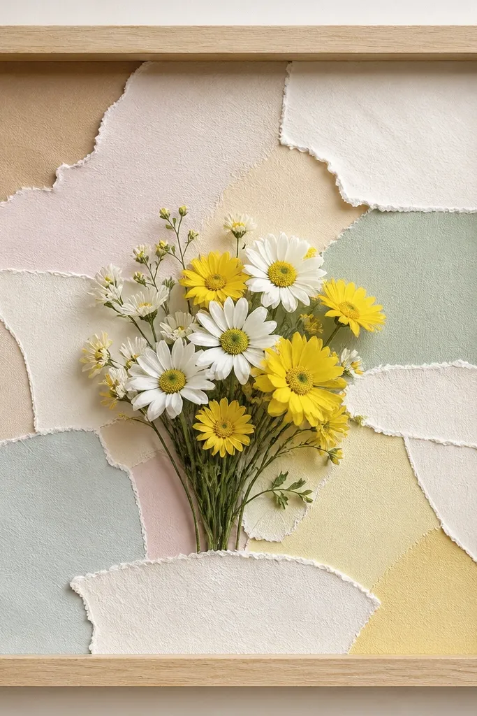 A light wood frame with a background made from torn pastel paint swatches, and a cluster of small daisies in yellow and white at the center.