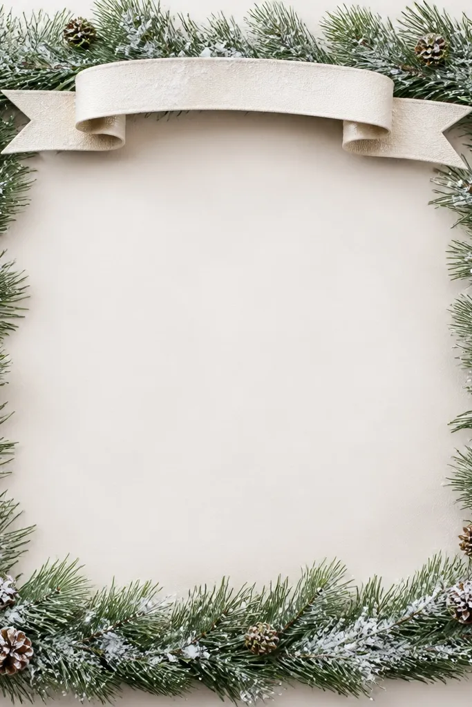 A green pine garland inside a rectangular frame with a white "snow" dust effect and a small cream ribbon banner across the top.