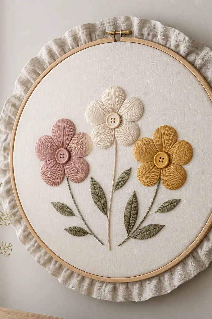 A large embroidery hoop mounted like a frame, with a fabric border, and three button flowers in the center with stitched petals.