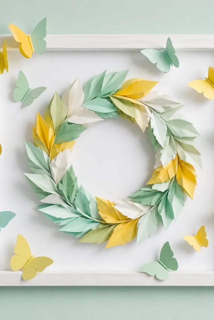 A white photo frame with a paper wreath ring made from folded paper, and a scatter of paper butterflies in mint and yellow around the edges.