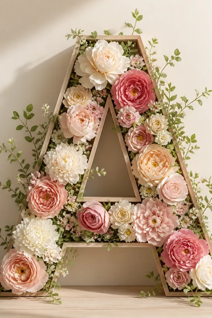 A frame with a bold letter cutout in the center covered with faux flowers, with small greenery sprigs wrapping around it.