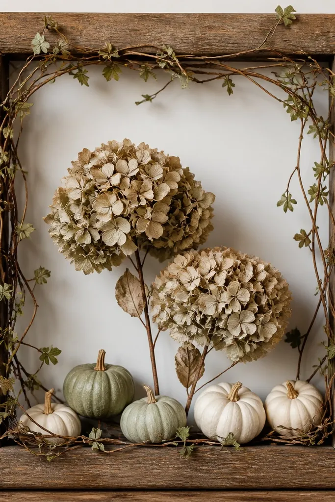 A wooden frame with a vine loop around the edges, two dried hydrangea heads in the center, and tiny faux pumpkins tucked along the bottom.