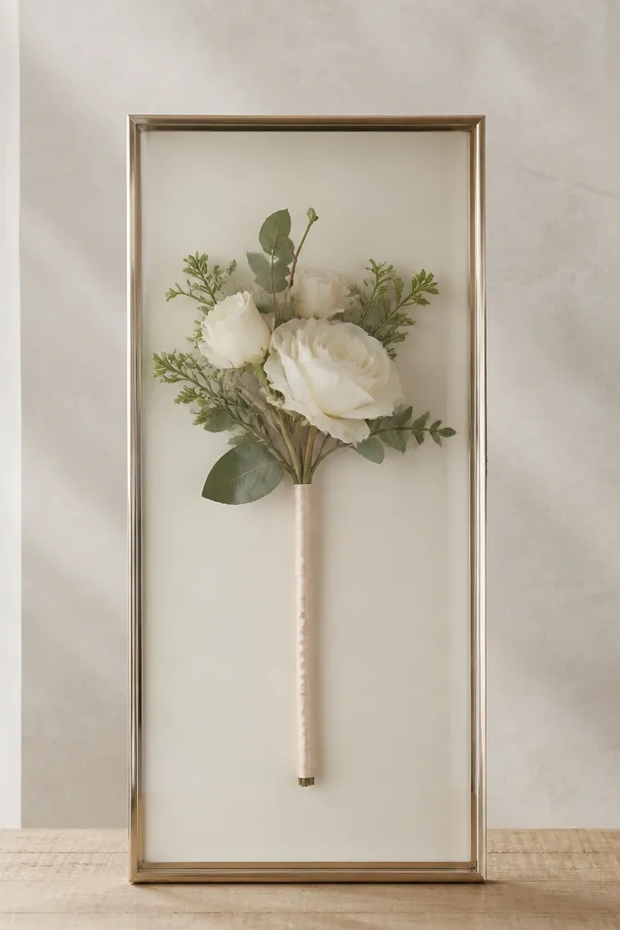 A slim frame with a clear acrylic front, showing one tall faux stem wrapped in pale ribbon and a small cluster of flowers at the top.