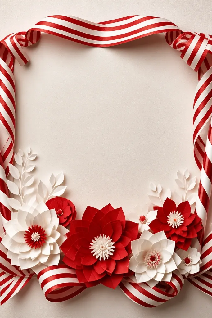 A red-and-white striped ribboned frame with two candy-cane shapes on the sides and paper flowers in red and white in the center.