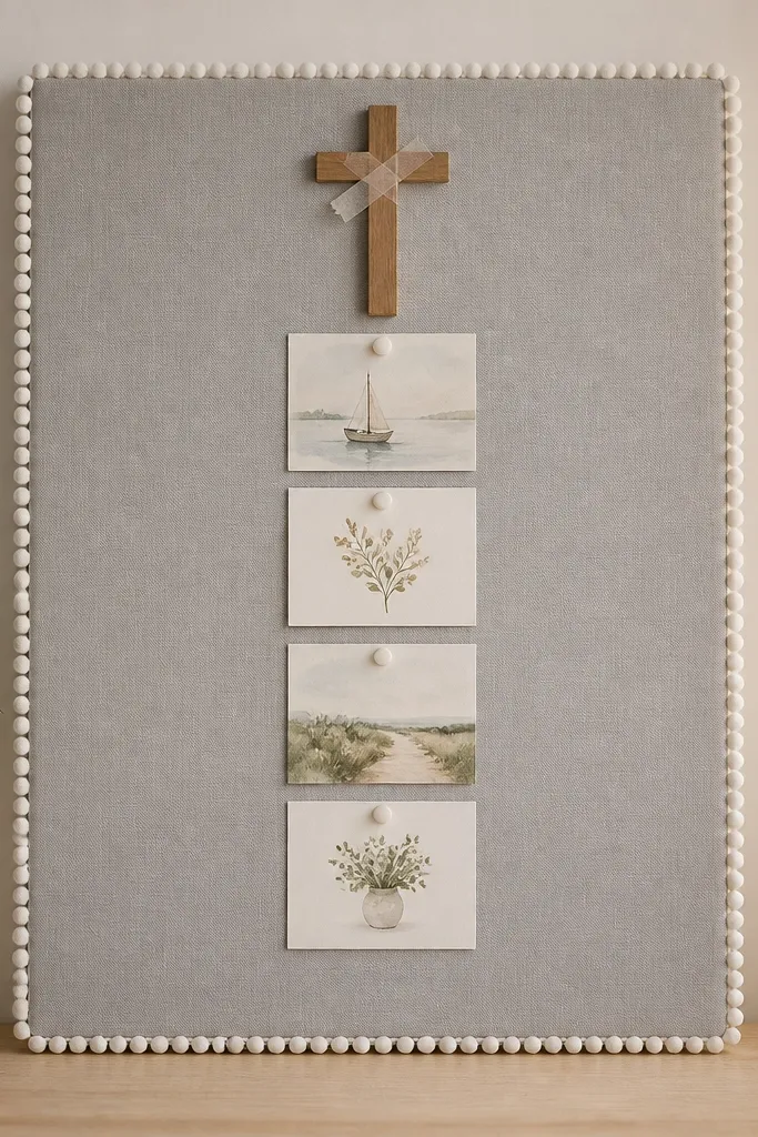 A soft gray fabric panel stretched over a foam board, edged with small white pom-pom trim. A central vertical column holds four small pinned cards, and a simple wooden cross is taped above them.
