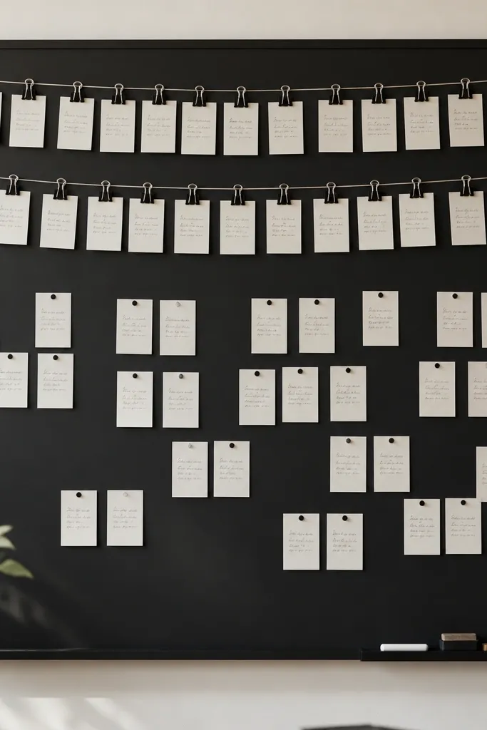 A matte black board covered with small white label cards; two thin lines of binder clips hang across the top holding handwritten tags. A small chalk tray rests on the bottom edge.