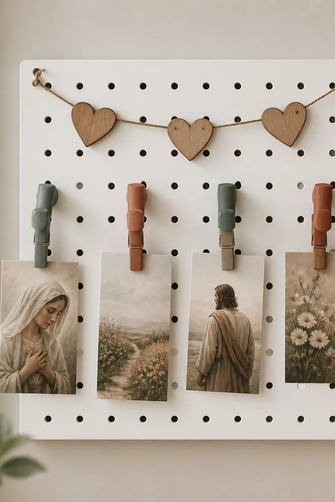 A small white pegboard panel with four painted hooks in muted sage and terracotta. Prayer cards hang from the hooks using clothespins; a string banner with three wooden hearts sits at the top.
