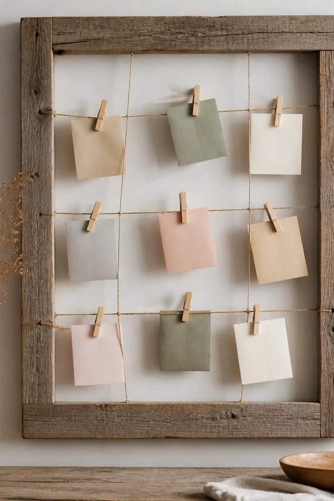 Two reclaimed wood slats form a rectangular frame. Twine is stretched into a simple grid across the center, with small clothespins holding folded prayer notes in muted colors.