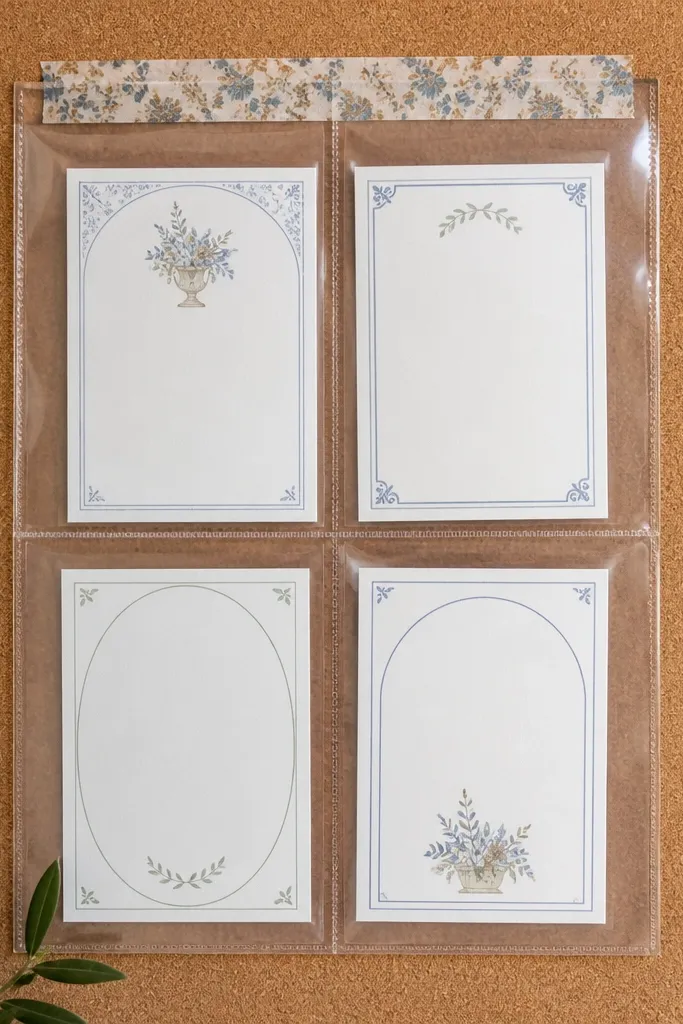 A translucent plastic sheet held by binder clips across a cork background. Inside the sleeves are printed prayer prompts with neat borders; the clips are hidden under a strip of patterned washi tape.
