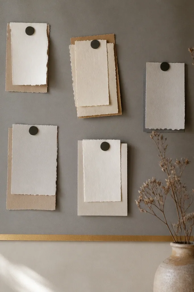 A matte gray magnetic sheet on the wall. Small layered paper prayers sit on top using magnets, and a thin strip of gold washi tape lines the bottom.